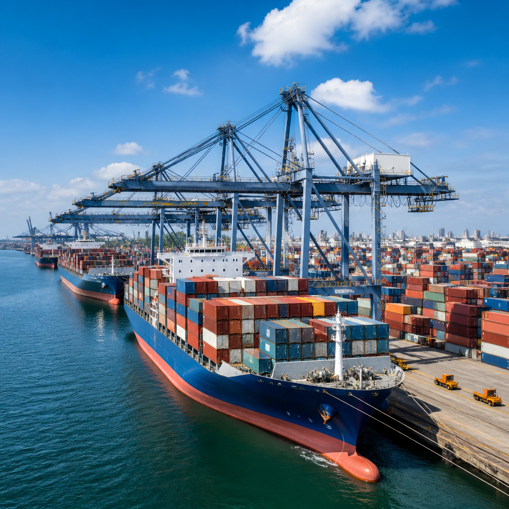 Aerial view of a busy container port with rows of ship-to-shore cranes loading cargo